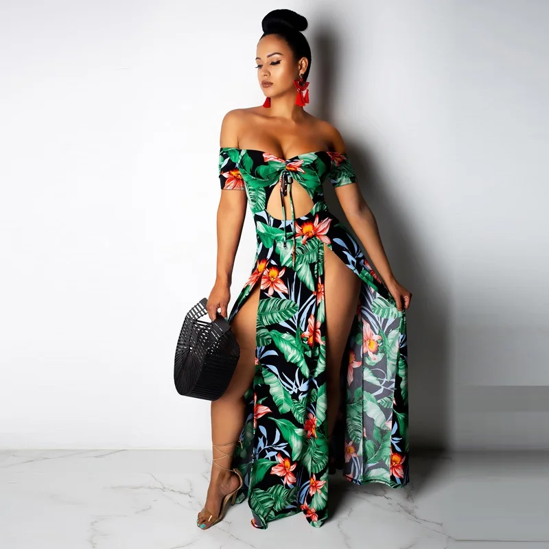 Женское длинное платье с разрезом пляжное открытыми плечами и винтажным принтом