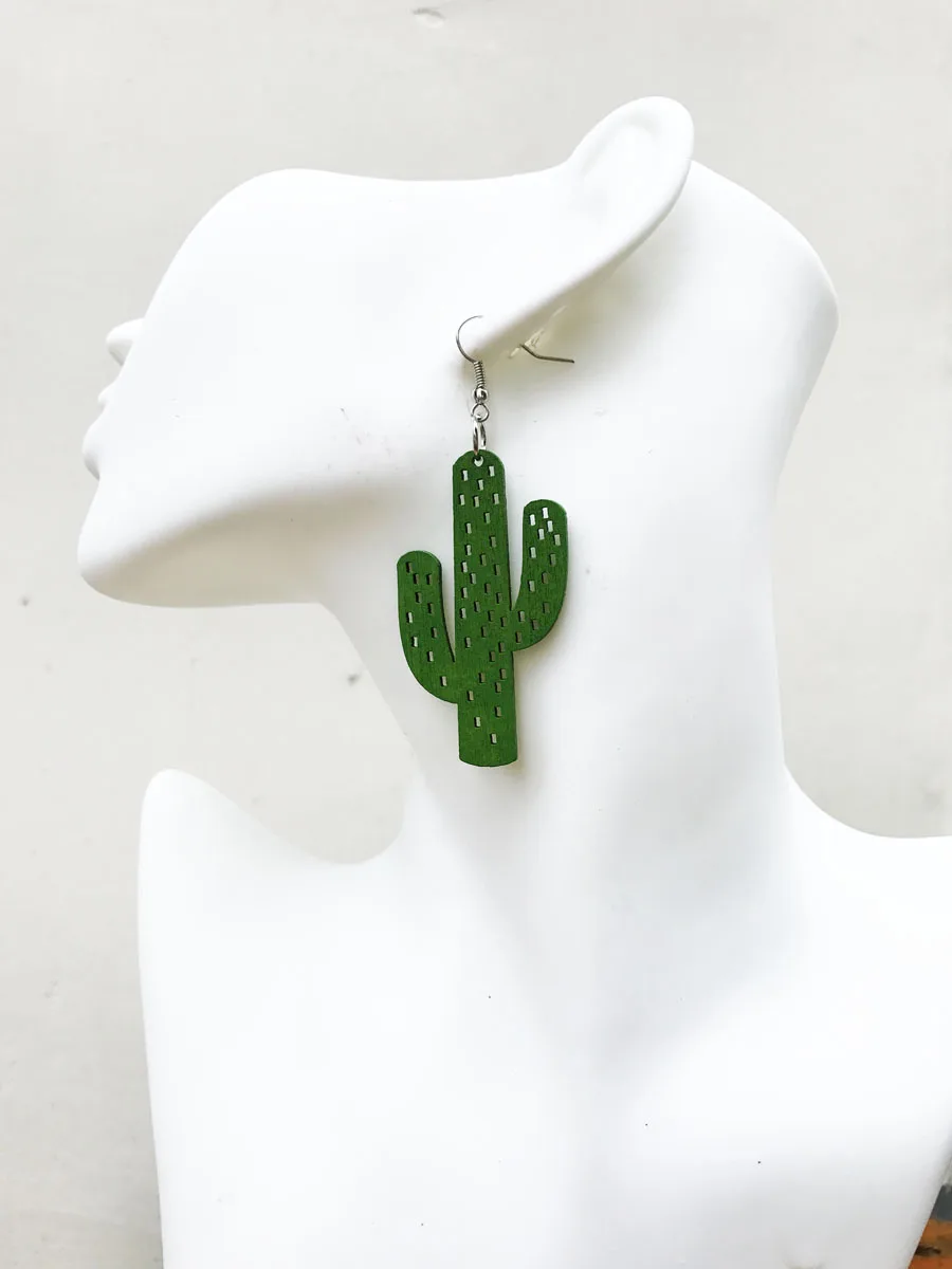 Кактус деревянные простые серьги|wooden earrings|colorful wooden earringsgreen earrings |