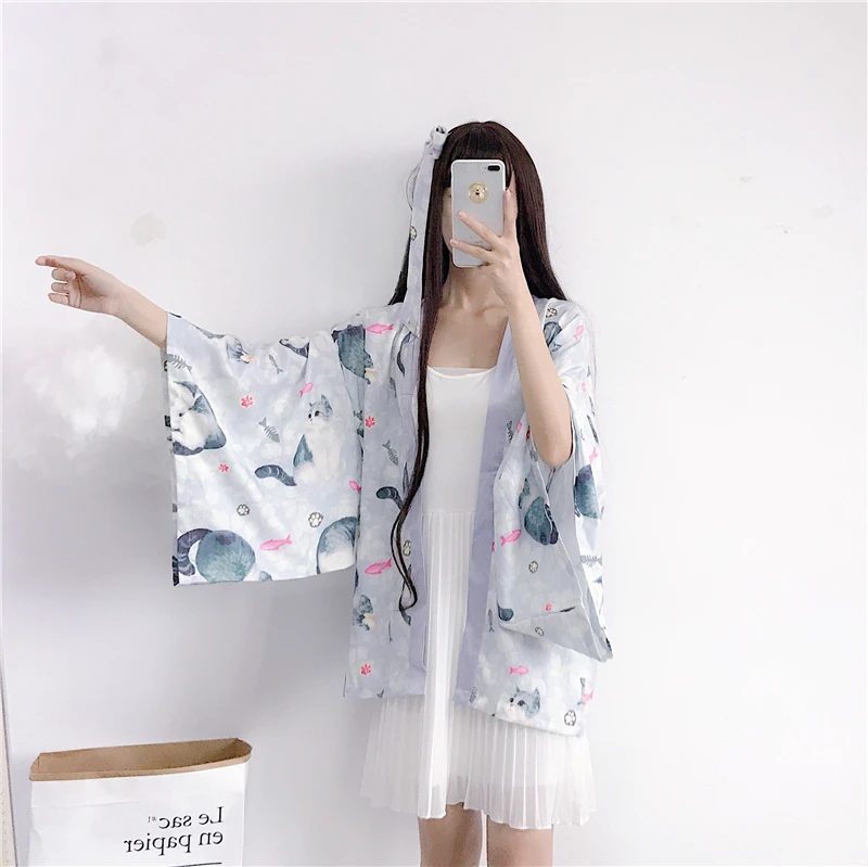 Harajuku/рубашка для девочек милая блузка с рисунком кошки и рыбы летние модные