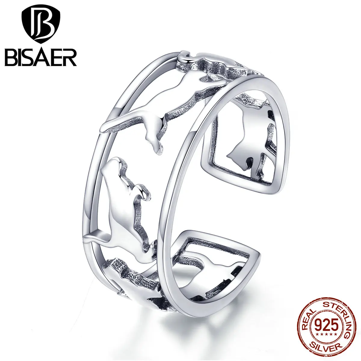 BISAER коктейльное кольцо, 925 пробы, серебряное, счастливый кот, киска, регулируемые кольца для женщин, животное, кошка, палец, кольцо, Anel, ювелирное изделие ECR473