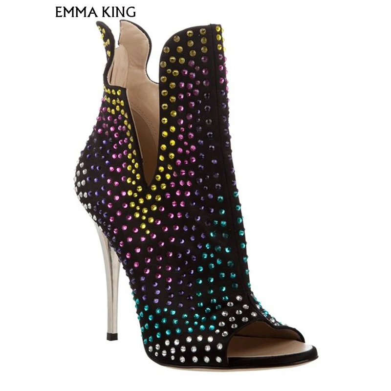 Сандалии со стразами смешанных цветов на весну и лето сандалии высокой шпильке с