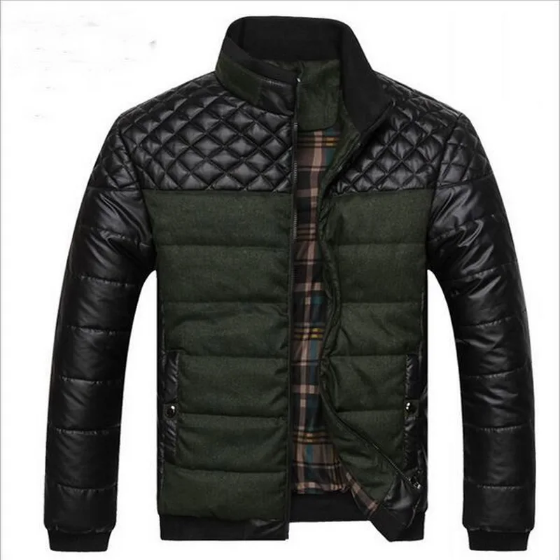 Men Winter Coat Striped Leather Outerwear Men's Thicken Warm Parkas  PU Leather Patchwork Jackets