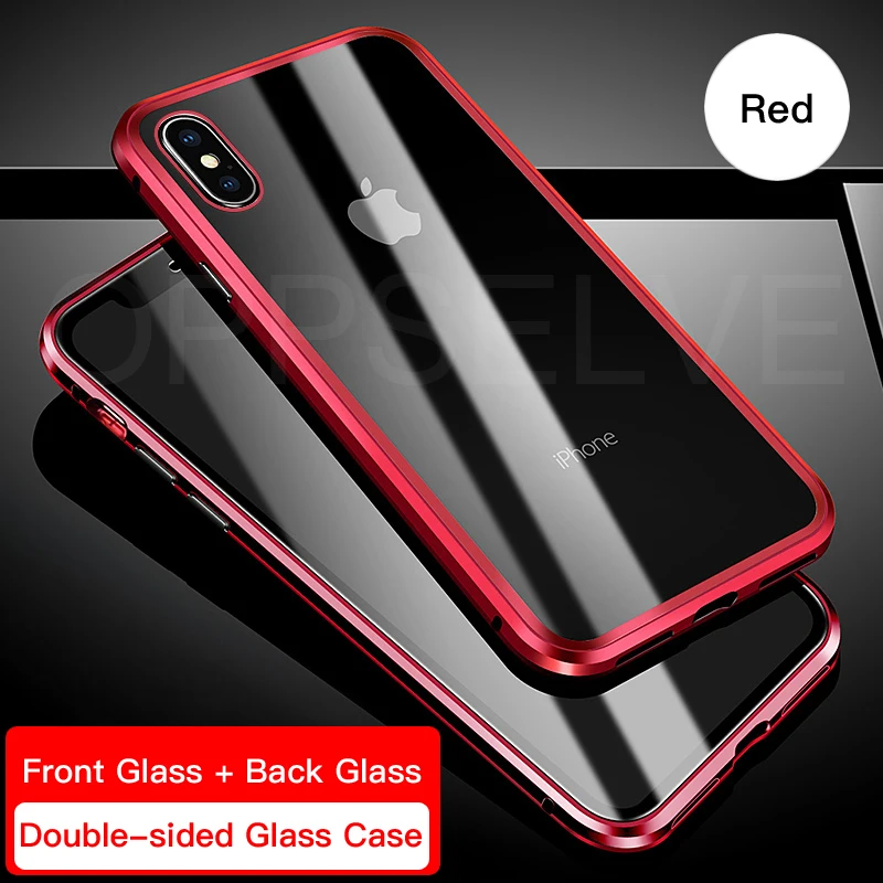 Двухсторонний Магнитный чехол для телефона для iPhone XR XS MAX X 10 чехол из закаленного стекла для iPhone 8 7 6 6S Plus металлический магнитный чехол - Цвет: Transparent Red