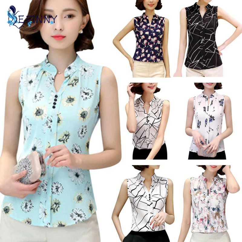 EFINNY Летние женские топы Повседневные безрукавные модные блузки с V-образным вырезом Рубашка из шифона с принтом Блузки для женщин Блузки M-XXL Белый.