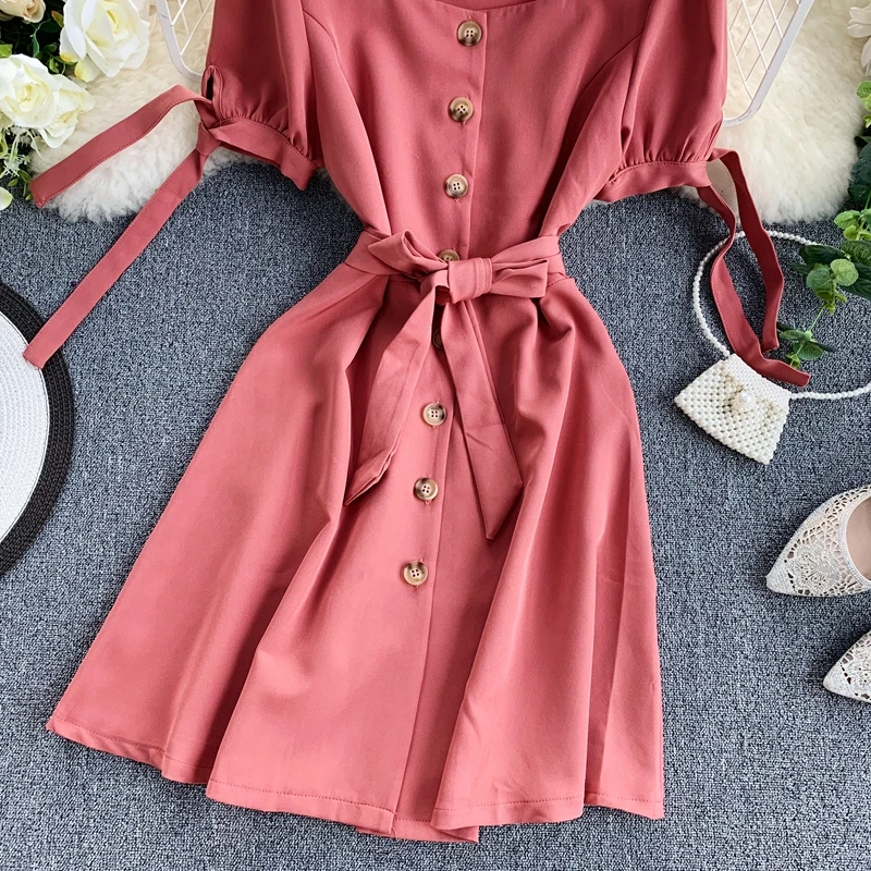 ALPHALMODA платье с квадратным воротником и короткими рукавами, французское Ретро однобортное платье с поясом и поясом, изящное летнее платье для девушек