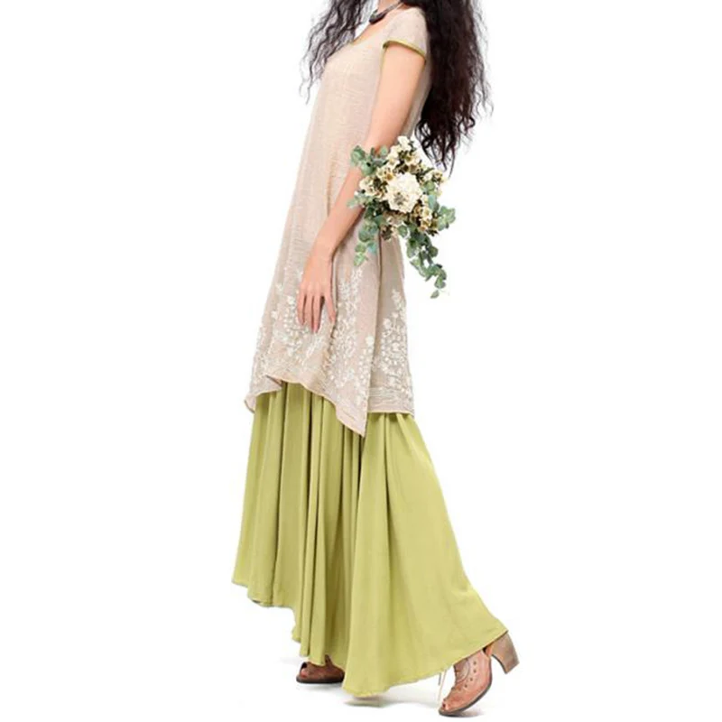 Длинное льняное платье с вышивкой винтажное Хлопковое коротким рукавом и