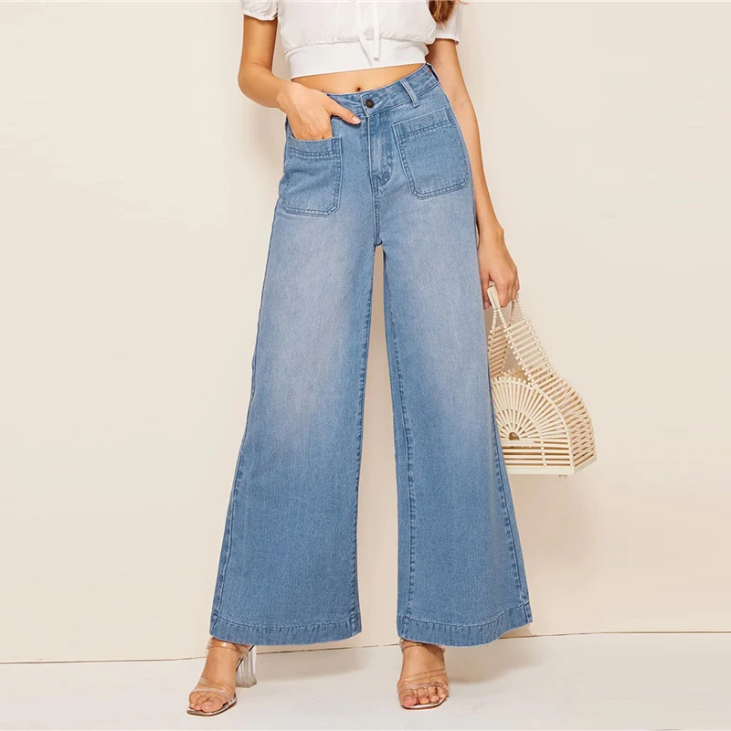 Sheinside Blue Vintage Double Pocket Detail Jeans Women Summer Mid Waist Wide Leg Trousers Ladies Denim Button Pants