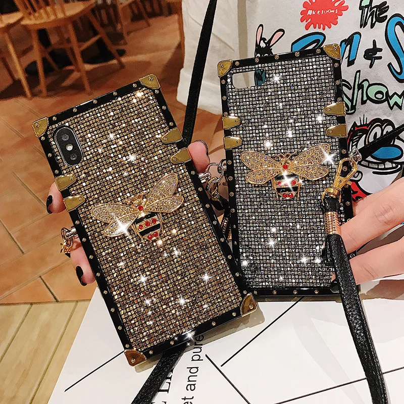 Блестящий чехол с ремешком через плечо для iPhone XS Max XR X, роскошный блестящий чехол для телефона с бриллиантами для iPhone 6S 7 8 Plus, чехол для девочки