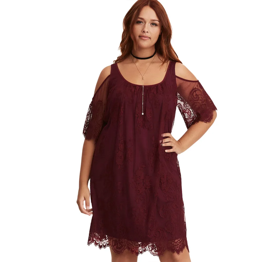 XXXL плюс Размеры Cold Shoulder Dress белый Для женщин Лето O шеи Половина рукава Кружева вечерние сексуальные мини-платье Клубная одежда Туника пляжные наряды
