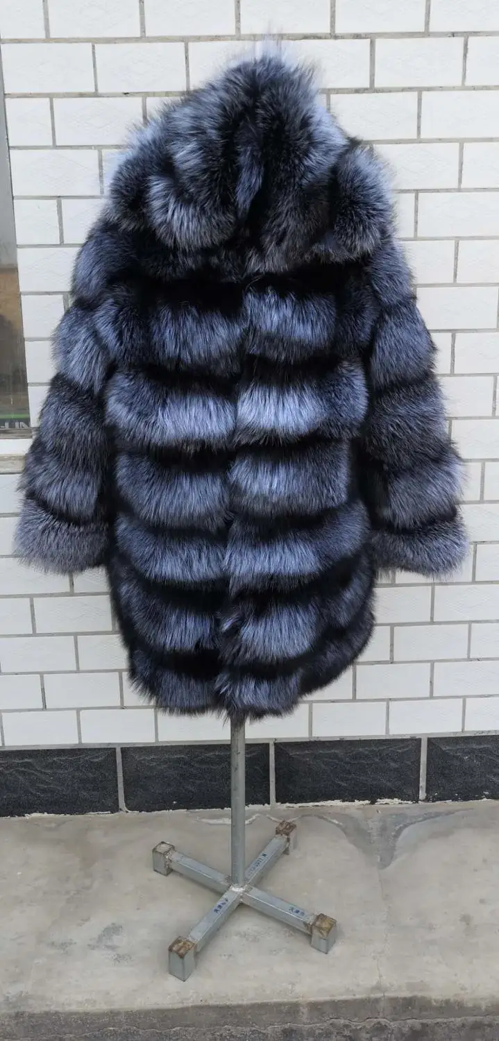 Winter thermal jacket real silver fox fur coat 80 cm suitable for women, natural fur with cap coat