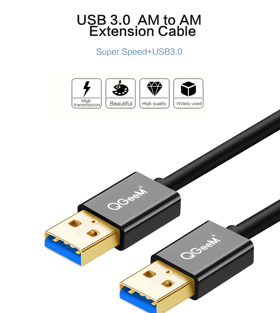 QGeeM USB 3,0 кабель Супер Скоростной USB 3,0 A папа-папа USB удлинитель для радиатора жесткий диск USB 3,0 кабель для передачи данных удлинитель