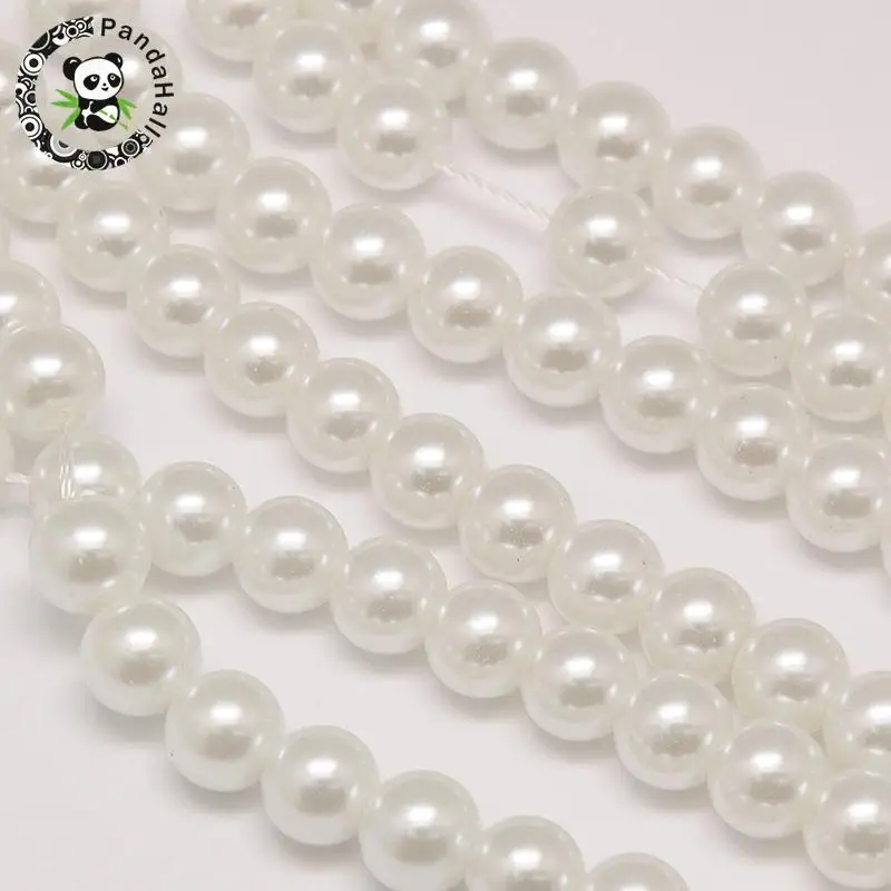 White PANDAHALL 6 мм, 8 мм, 10 мм, экологичное окрашенное стекло, жемчужные круглые бусины, хлопковый шнур, резьбовое отверстие: 0,7~ 1,1 мм, 15 дюймов - Цвет: White