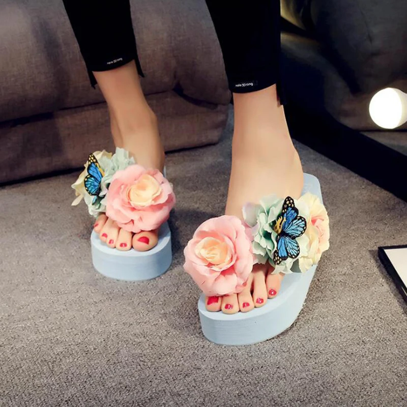 Сандалии женские с цветами ручной работы пляжные шлепанцы Повседневные тапочки