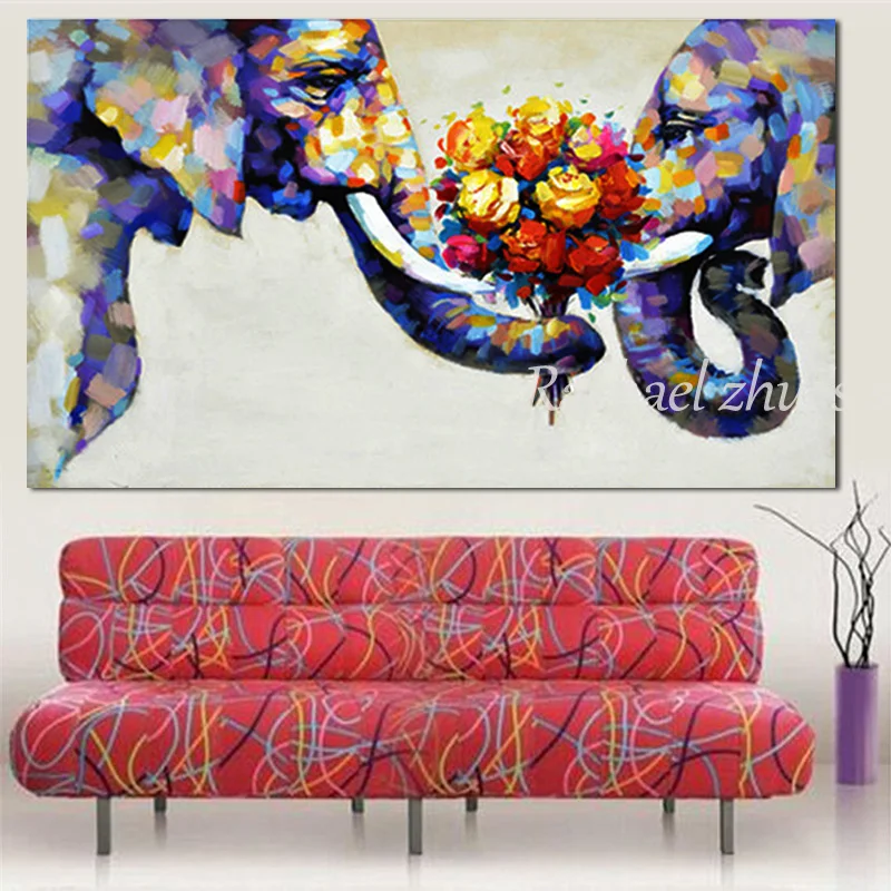 

Hand Painted Abstract Elephant Couples Oil Paintings On Canvas Children's Room Wall Art Pictures Wall For Living Room Home Decor