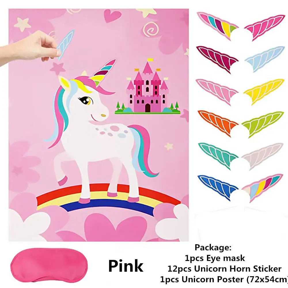 pink set Детские вечерние украшения с единорогом, детский игровой набор с булавкой, 1 шт., Постер с единорогом+ 12 рогов единорога+ 1 повязка на глаза - Цвет: pink set