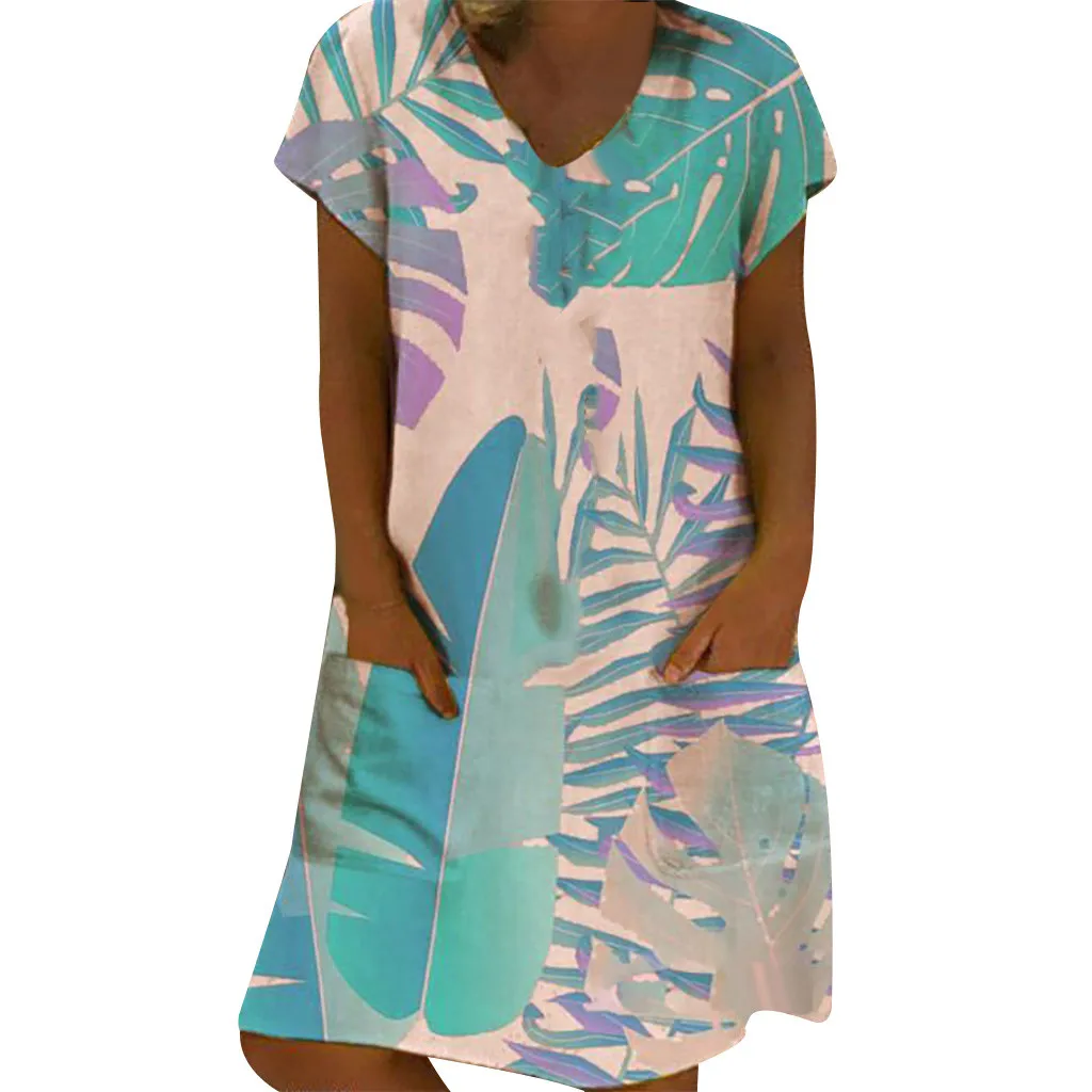 FREE OSTRICH Dress Women Leaf Pattern Pocket Large Size Short Sleeve Knee-Length Current Elegant Graceful Short Dress Summer - Цвет: Розовый