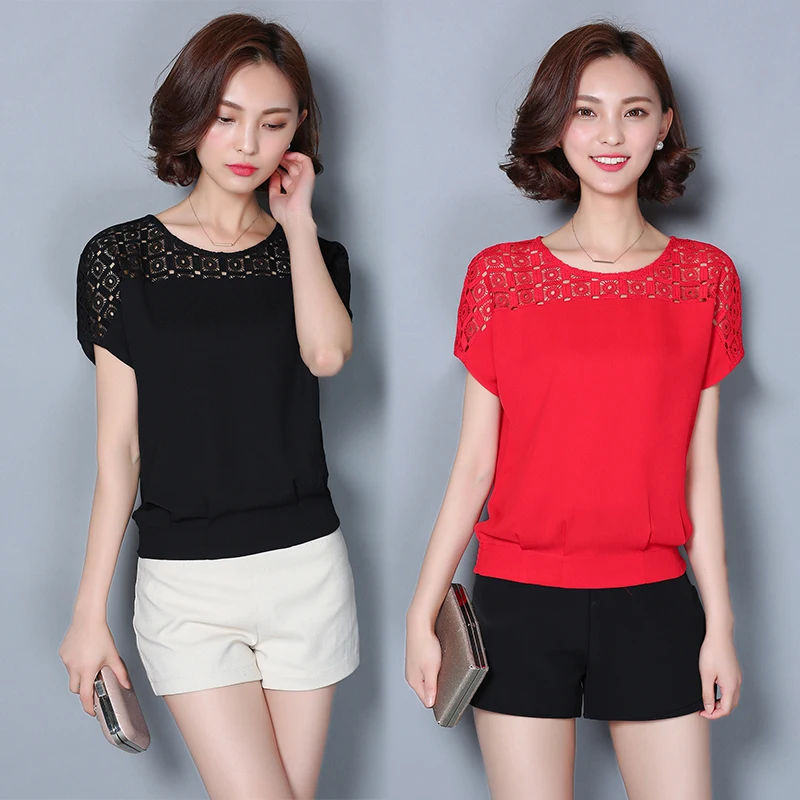 new fashion brand summer style Women's Clothing Blouses lace Hollow out chiffon Shirts o-neck Female short sleeve loose tops | Женская