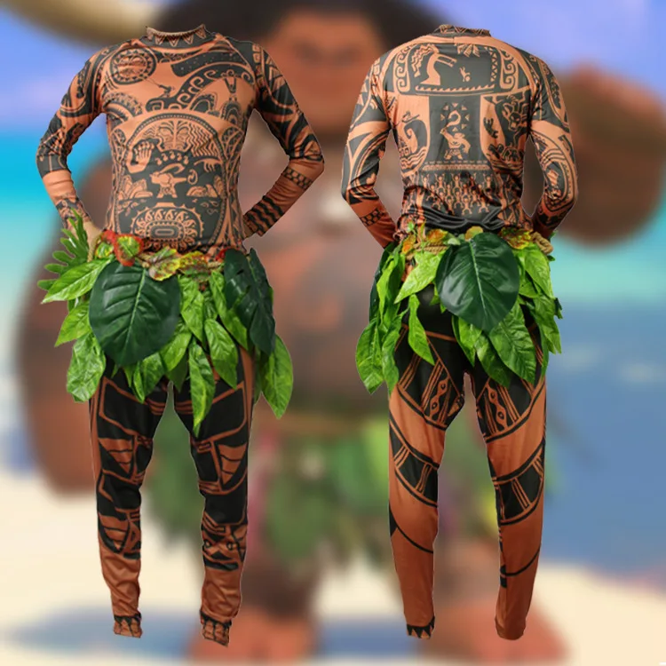 

Movie Moana Maui Cosplay Costume Full Sets Halloween Party men Fancy BodySuit Tights Sweatshirt+ Pants +Leaves