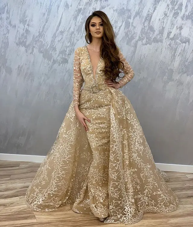 Женское вечернее платье в Дубае Robe de soiree белое кружевное с длинным рукавом и