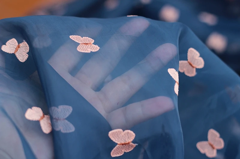 Высококачественная синяя кружевная ткань из органзы с вышивкой кружево в стиле