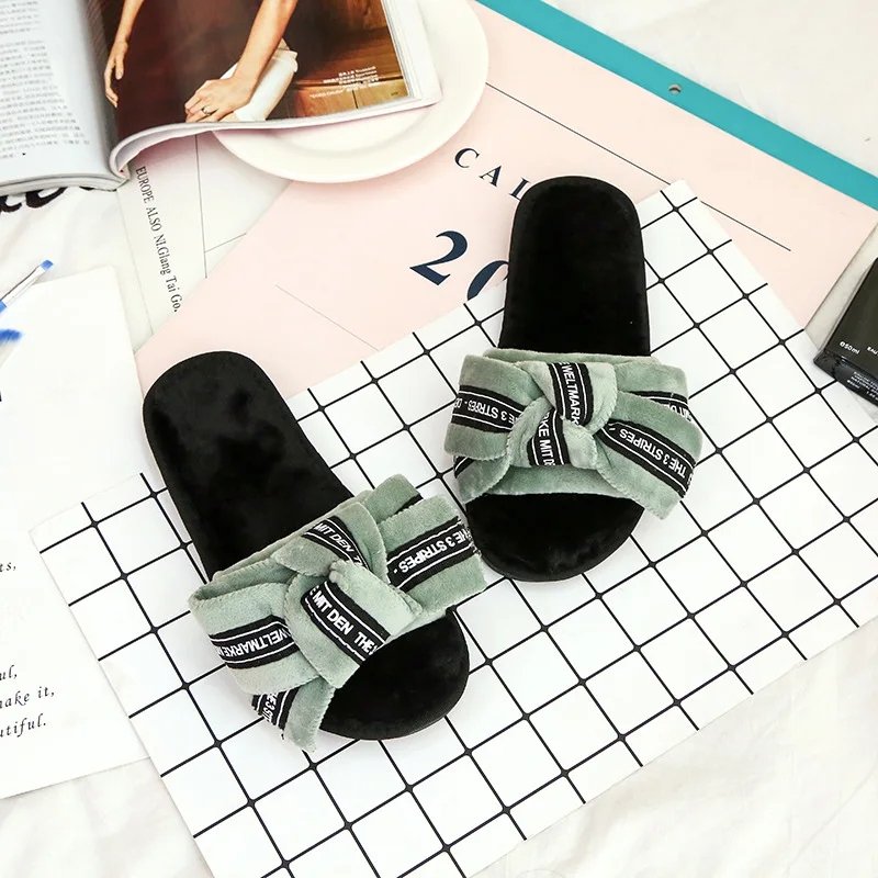ASIFN/Женские меховые тапочки; милые домашние тапочки с мехом; zapatos mujer; женские Мягкие плюшевые домашние тапочки с бантом; сезон весна - Цвет: Зеленый