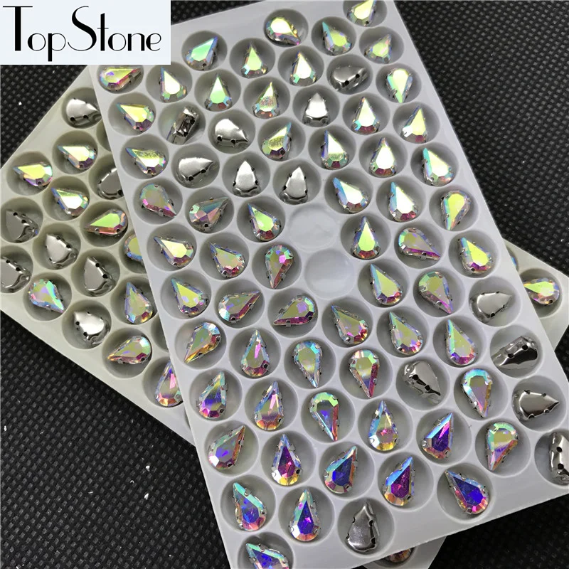 Topstone 6x10mm 8x13mm Crystal AB Teardrop Glass Fancy stone With Metal Claw setting for sewing on dress jewelry making | Украшения и