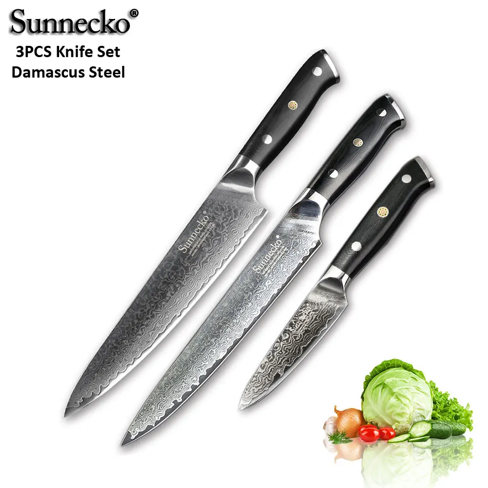 

SUNNECKO 3PCS Damascus Kitchen Knife Set Slicer Chef Paring Knife Japanese VG10 Steel Razor Sharp Cooking Knives G10 Handle