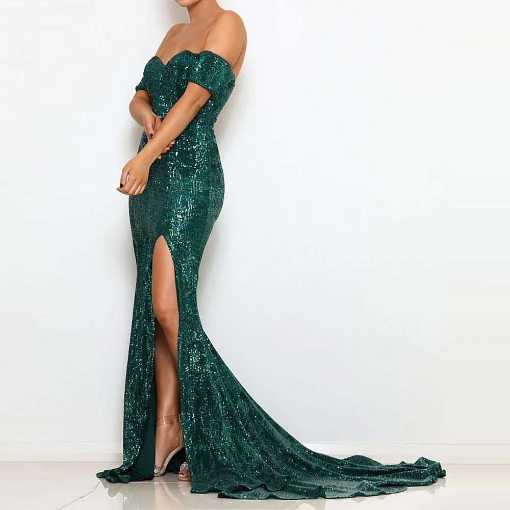 Green wedding party dress off the shoulder silver sequined formal evening dress backless split leg floor length slash neck
Green wedding party dress off the shoulder silver sequined formal evening dress backless split leg floor length slash neck
