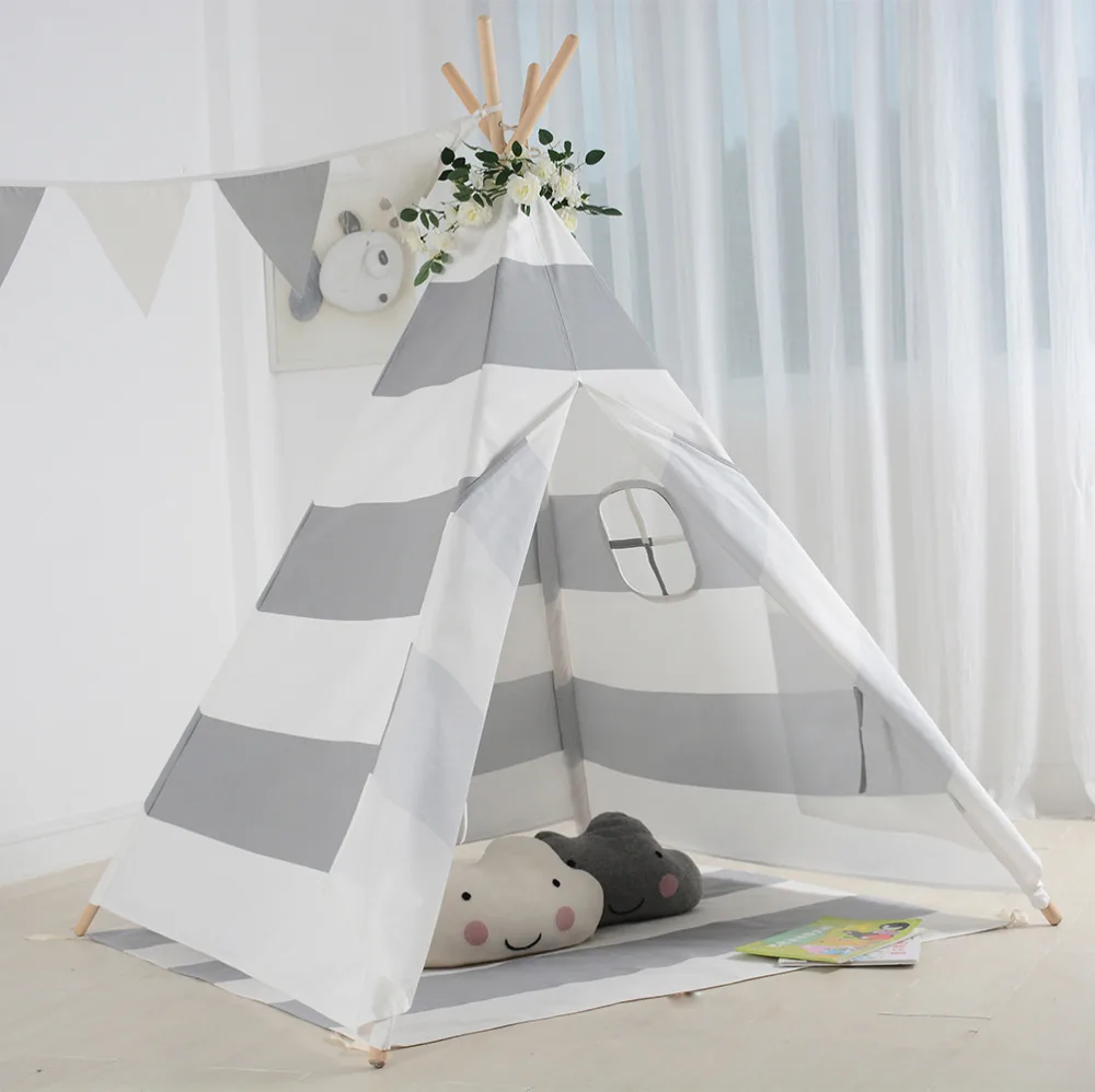 Серая Игровая палатка в полоску для маленьких детей домик Tipi холст вигвам игра