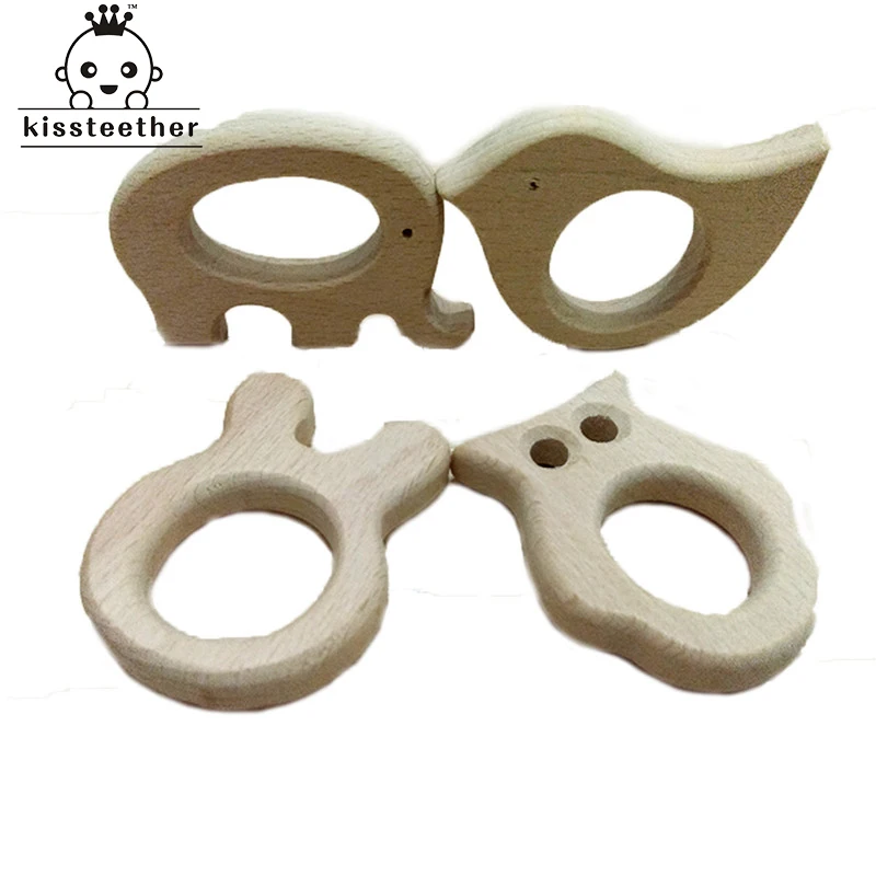 DIY Baby Teether Toys Organic Natural Beech Wooden Elephant-Bird-Rabbit-Owl Hand Cut Toys Baby Wooden Teether Gift