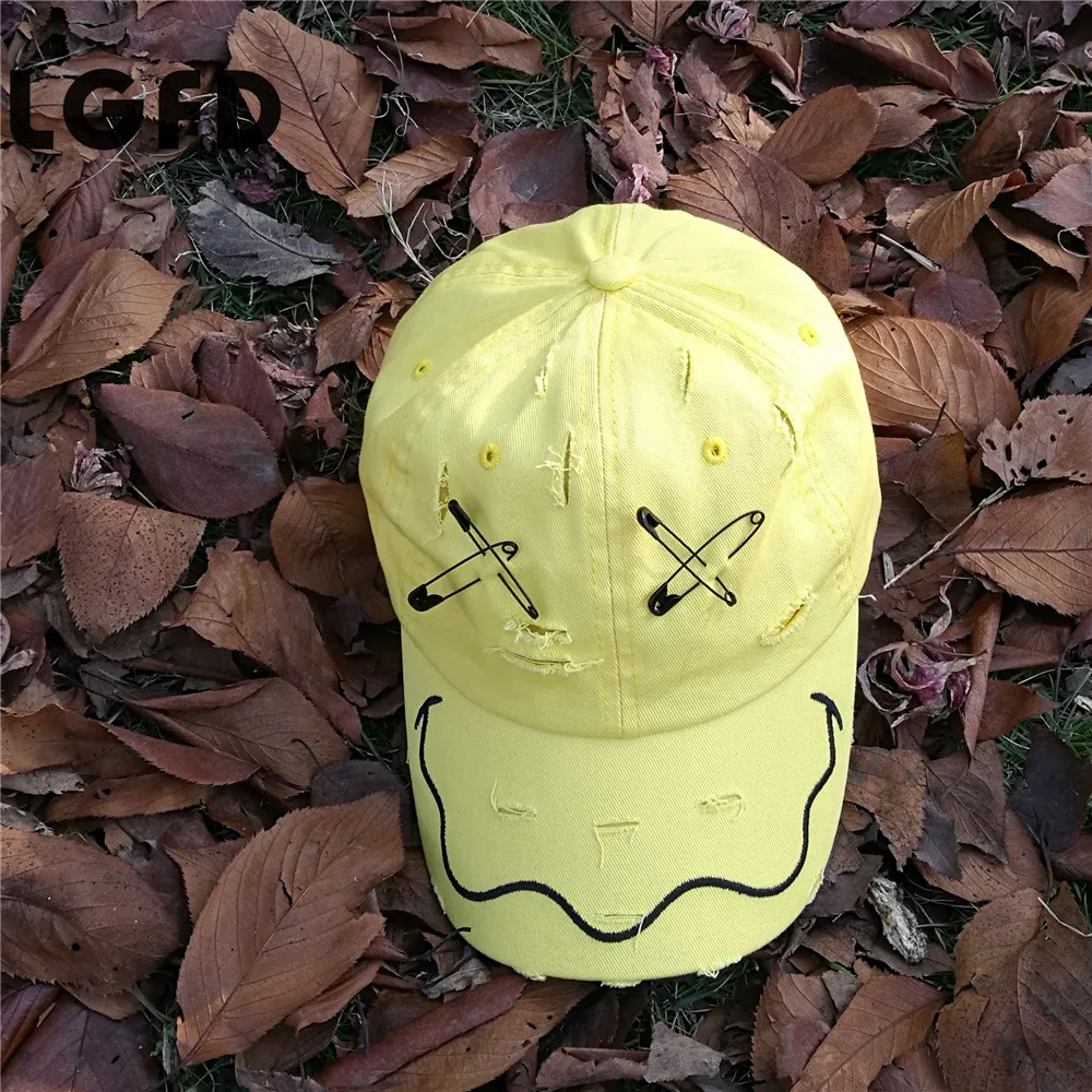 2017126 MEN UNISEX Washing frayed black yellow hat pin YELLOW COTTON baseball cap | Аксессуары для одежды