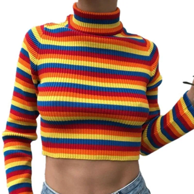 Suéteres de cuello alto para mujer, a la moda de arcoíris jerseys de punto, suéter ajustado de punto, ropa de calle, otoño e invierno, 2021