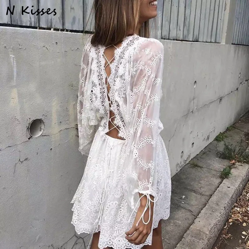 Spring Long Sleeve White Embroidery Lace Mini Dress Backless Cute Mini Lace Short Women Dress
