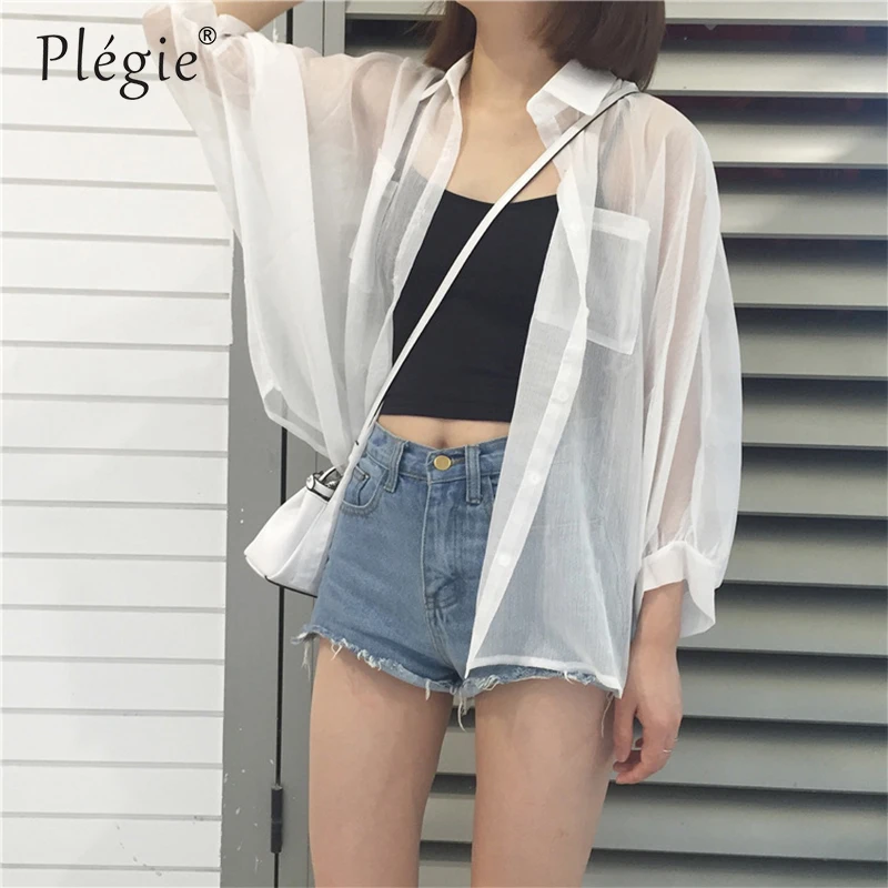 Женское пляжное кимоно Plegie с длинным рукавом белая блузка тонкая Солнцезащитная