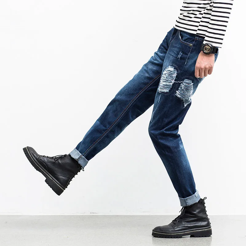 Мужские Джинсы Рваные 2017 Лето Slim Fit Узкие Мужчин Патч Прямо Уничтожить Мыть |