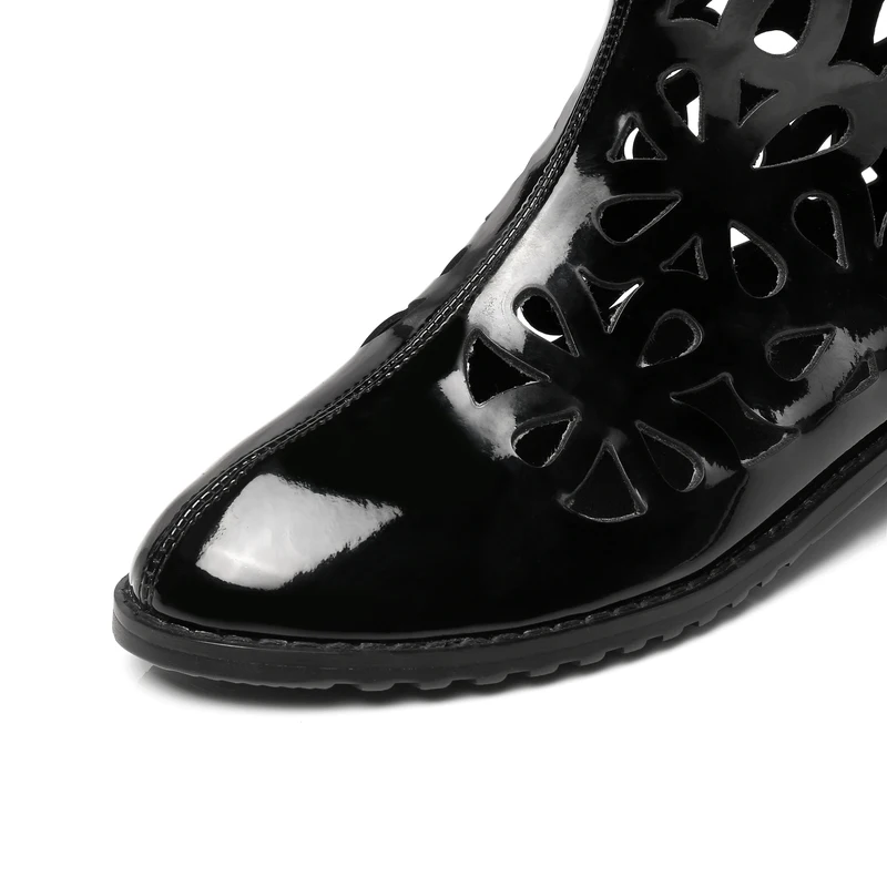 Женские ботинки из лакированной кожи до середины икры с круглым носком на молнии