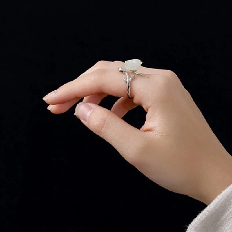 925 pure silver ring women natural and Tian Baiyu rose carving open jade fashion personality temperament jewelry | Украшения и