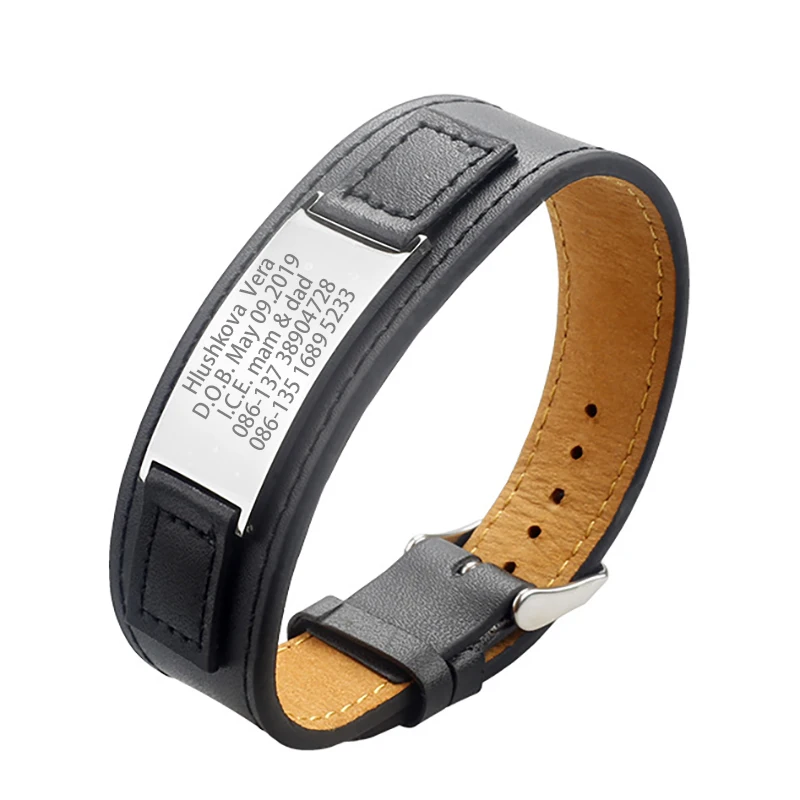 

Personalized Custom ID Bracelet Wristband Engraved Stainless Steel Leather Mens Jewelry Lettering Name Logo Braceles Wrist band