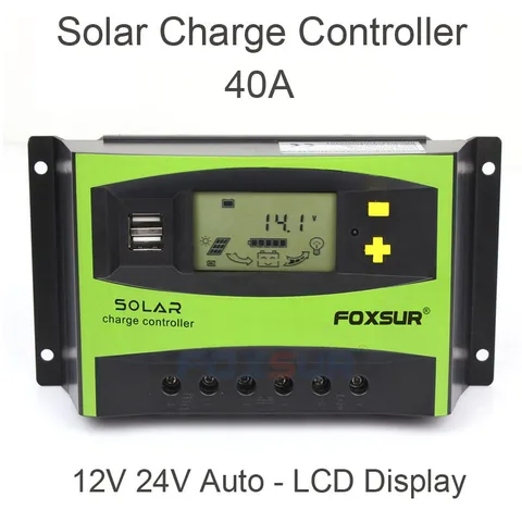 Регулятор заряда солнечной батареи FOXSUR, 40 А, ШИМ, 12 В, 24 В, автоматический регулятор заряда солнечной панели с ЖК-дисплеем и 5 В, USB, регулируемый параметр