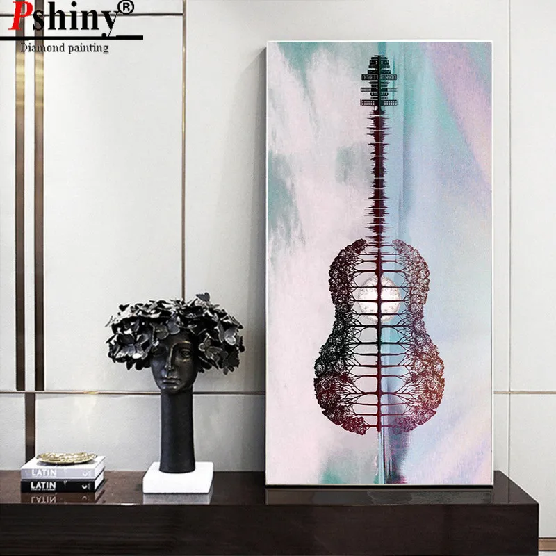 PSHINY Новый DIY 5D алмазная картина полная дрель Круглая Мозаика лес гитара декорации