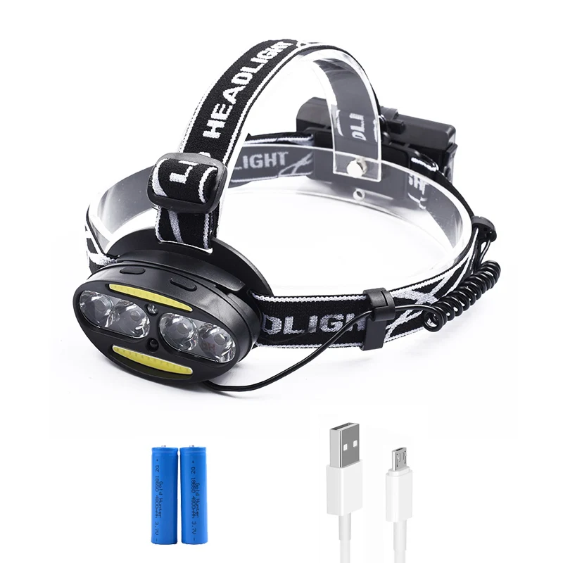 Battery and USB T6+ COB светодиодный налобный фонарь с датчиком 40000lm 18650 перезаряжаемый фонарь, фонарь для рыбалки, USB Водонепроницаемый светодиодный фонарь - Испускаемый цвет: Battery and USB