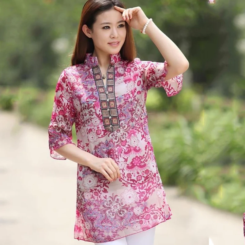 Женская крутая блузка 2018 длинная шифоновая с принтом рубашка женская цветочным