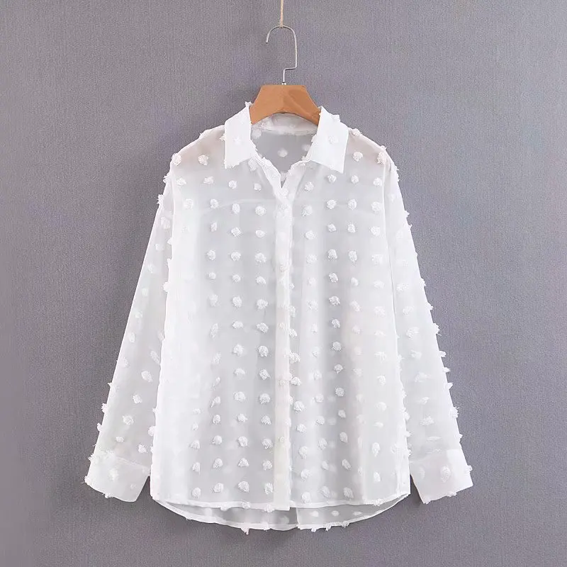 Vintage Chic Fringed Polka Dot Appliques Loose Tops Women Shirts 2019 Fashion Semi-sheer Long Sleeve Blouses Casual Blusas Mujer