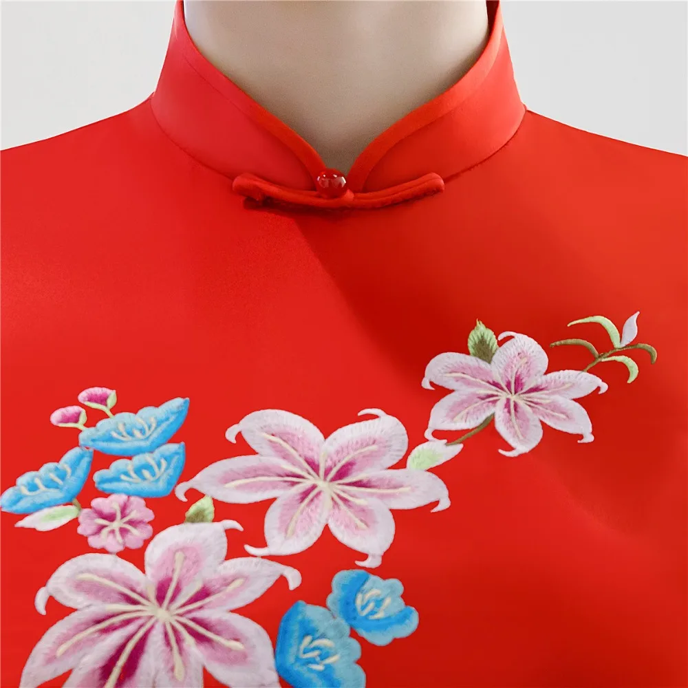 Женское платье Qipao длинное из искусственного шелка с коротким рукавом и