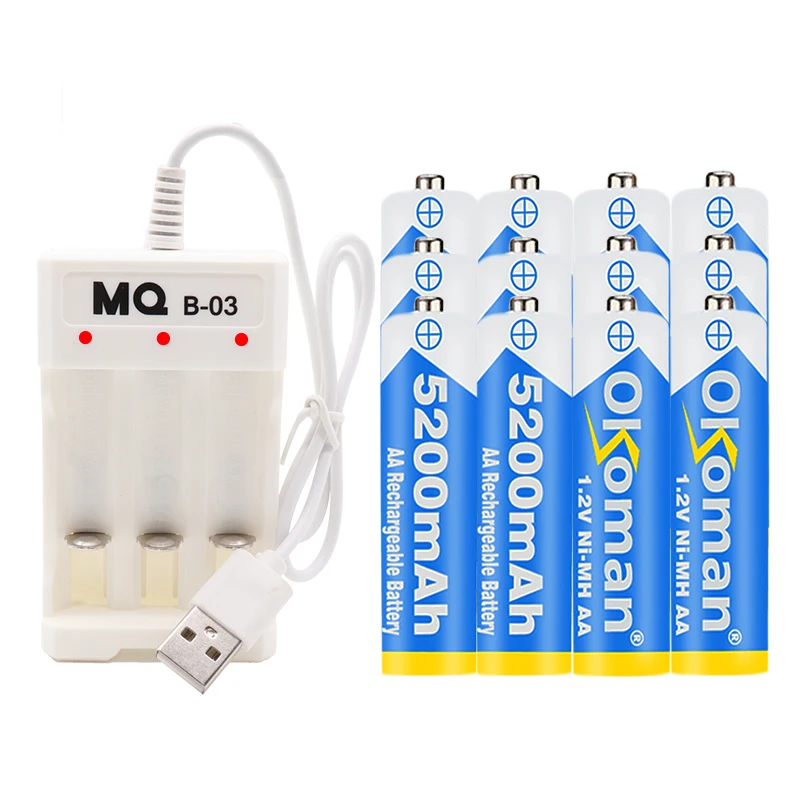 Okoman 1.2V 5200mAh NI MH AA Pre-Charged Ni-MH Rechargeable aa Battery For Toys Camera Microphone Batteries + Charger | Электроника