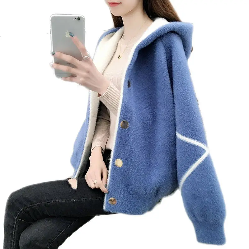 2019 Spring Autumn Fashion Women Long Sleeve Short Hooded Solid Knitting Coats Imitate Mink Villus Cardigan Sweater Clothes A09 |