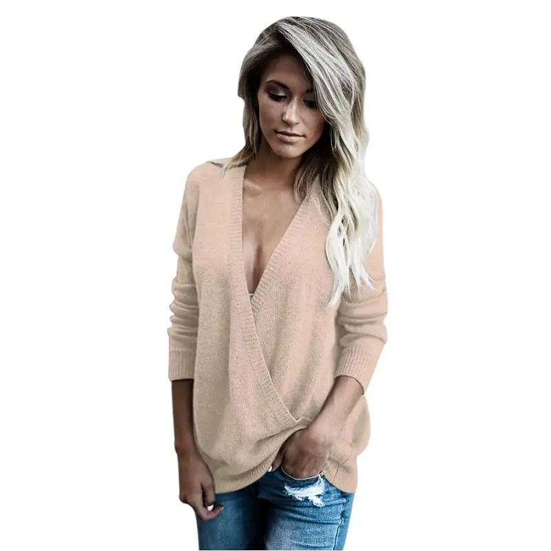 ADEWEL New 2019 Autumn Winter Sexy Deep V Neck Women Knitted Sweaters Blouse Ladies Casual Cross Front Loose Basic Sweater Tops | Женская