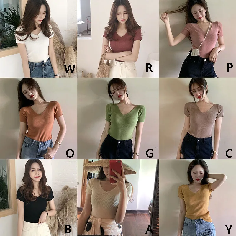 

Casual Summer V-neck Knit Crop T-shirt Women Short Sleeve Sexy Slim Top Female Basic T Shirt Top
