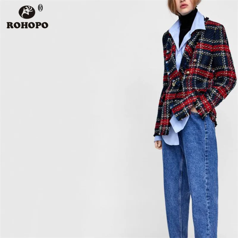 Женский клетчатый Блейзер ROHOPO винтажный Повседневный блейзер с двойной грудью в