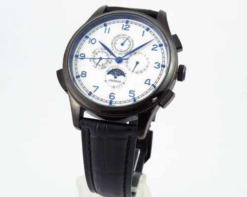 Parnis White Globe Dial Blue Sapphire Number Black Case Moon Phase Automatic Mens Womens Watches | Наручные часы